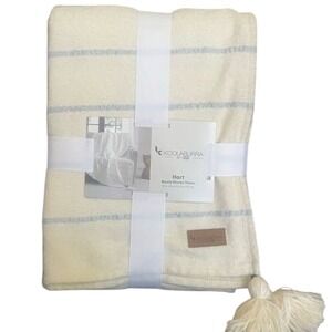 Koolaburra Cream & Blue Striped Throw Blanket w/Tassles Hart Beach  50" x70" NEW